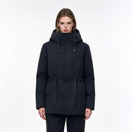 Hooded waist adjustable jacket/down jacket