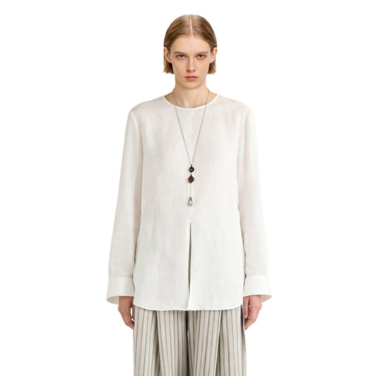 Women's 100% Linen White Crew Neck Long Sleeve Top