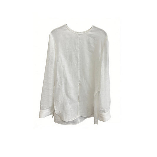Women's 100% Linen White Crew Neck Long Sleeve Top