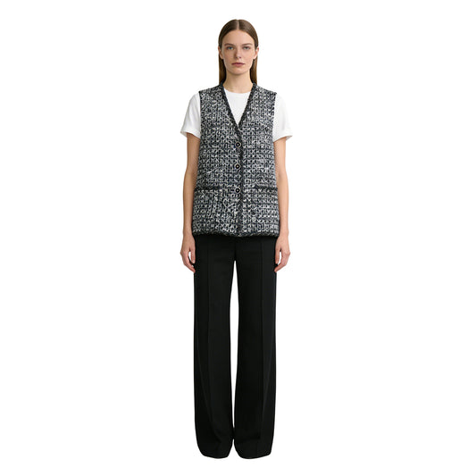 Women's Elegant Black Tweed Sleeveless Button-Front Vest