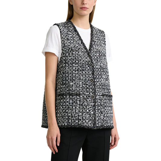 Women's Elegant Black Tweed Sleeveless Button-Front Vest