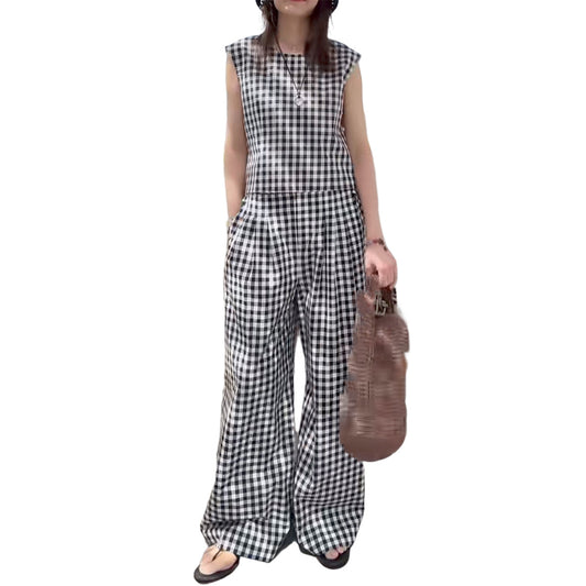 Women's Plaid 100% Cotton Summer Sleeveless Two Piece Set
