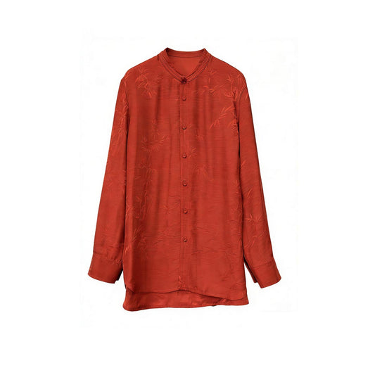 Women's Red Bamboo Print Stand Collar Long Sleeve Shirt