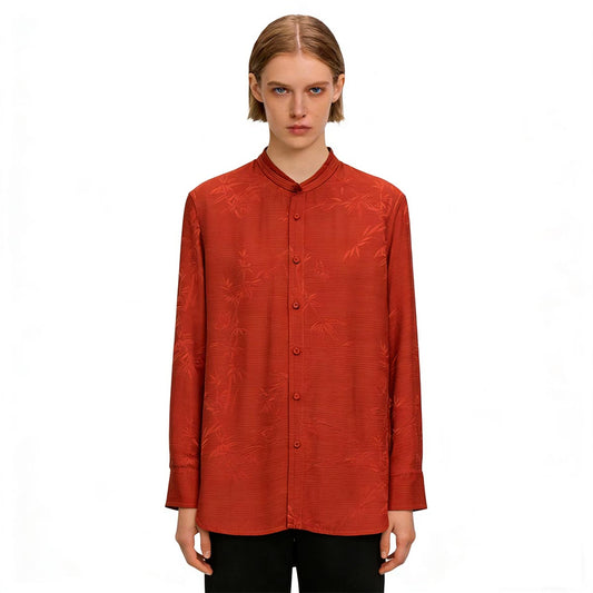 Women's Red Bamboo Print Stand Collar Long Sleeve Shirt