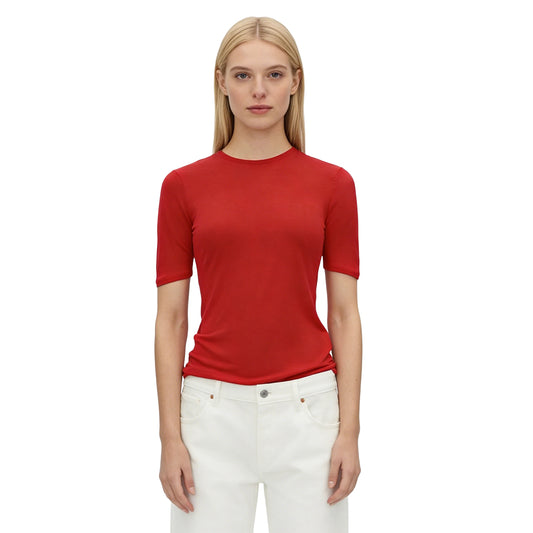 Women's Red Wool-Blend Crew Neck Knit Short Sleeve T-shirt