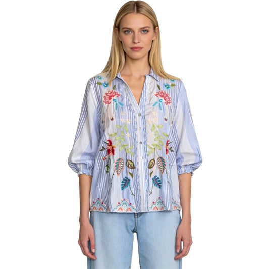 Women's Stylish Blue Stripe Shirt With Embroidery Detail