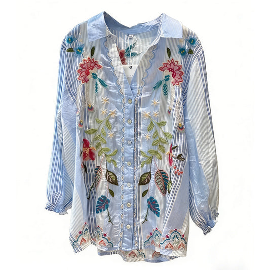 Women's Stylish Blue Stripe Shirt With Embroidery Detail