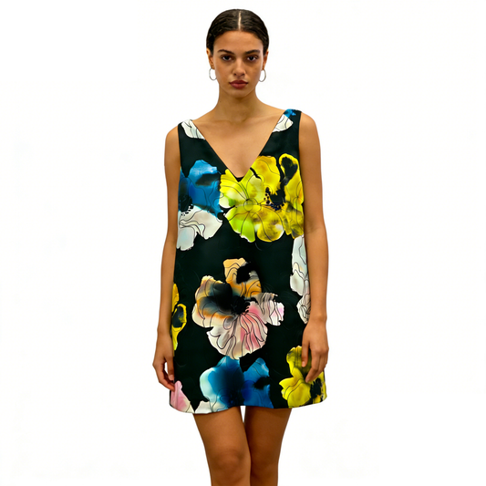 Women's Vintage Floral Print V-Neck Black Sleeveless Dress