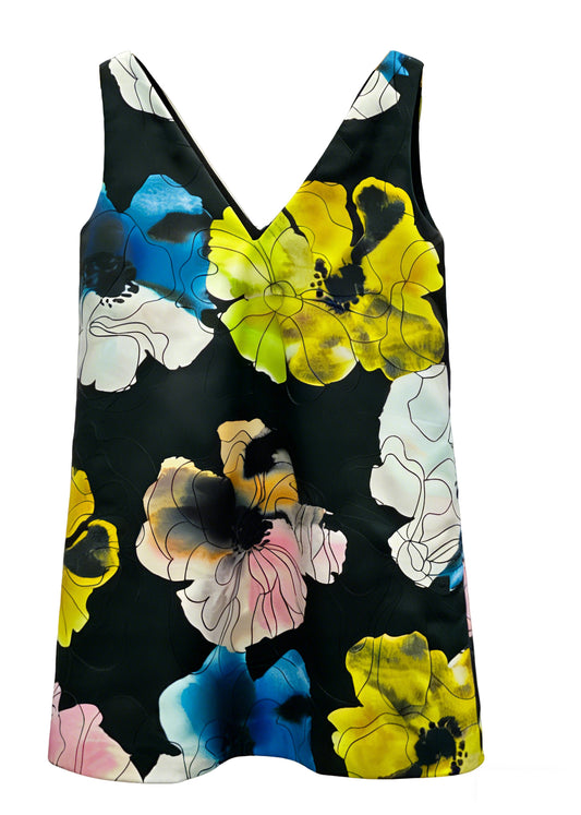 Women's Vintage Floral Print V-Neck Black Sleeveless Dress
