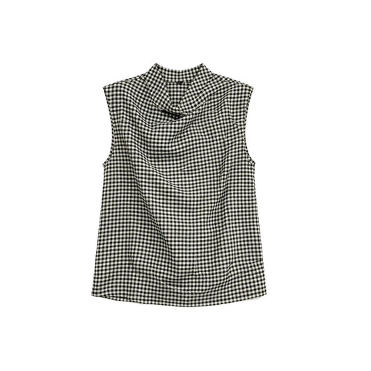 Women's Vintage Plaid Mock Neck Sleeveless Tencel Summer Top