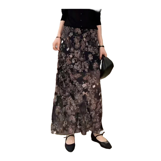 Women's Black Vintage Floral Print Midi Skirt Classic Style