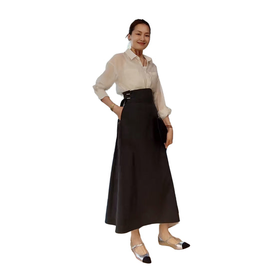 Women's Chic Gray Wool A-Line Skirt with Belt Minimal Midi Skirt