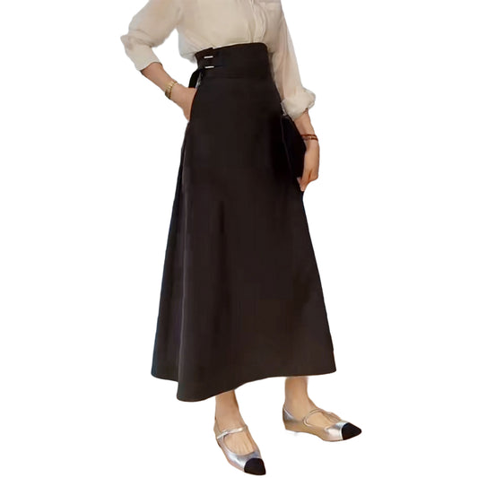 Women's Chic Gray Wool A-Line Skirt with Belt Minimal Midi Skirt
