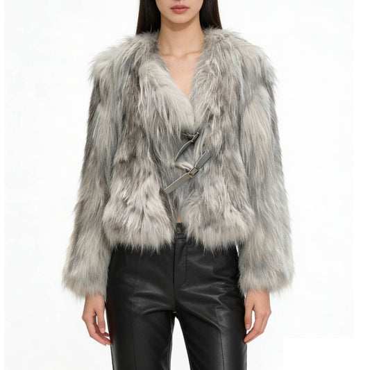 Women’s Gray Knitted Fox Fur Coat Luxury Winter Outerwear
