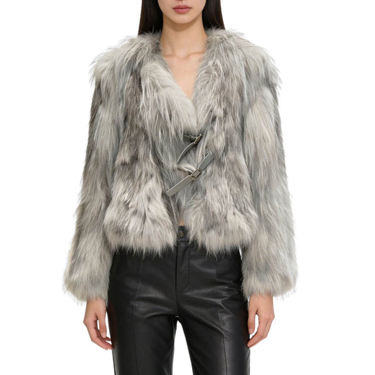 Women’s Gray Knitted Fox Fur Coat Luxury Winter Outerwear