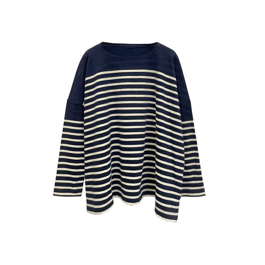Women’s Navy Striped Long Sleeve Chic Crew Neck Pullover Top