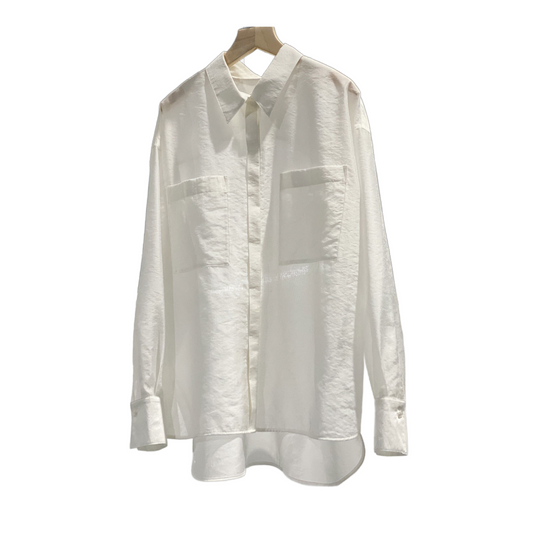 Women’s White Stand Collar Long Sleeve Blouse with Double Pockets