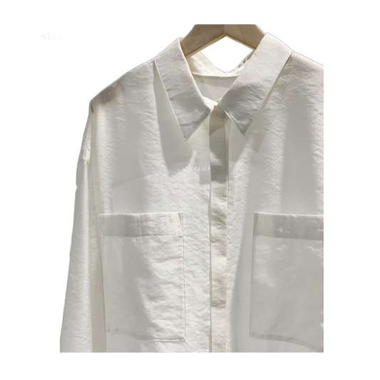 Women’s White Stand Collar Long Sleeve Blouse with Double Pockets