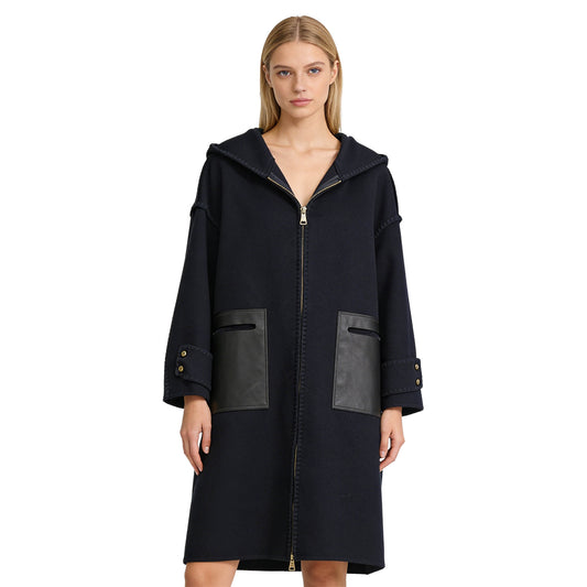 Women’s Winter Casual Coat Hooded Outerwear with Leather Pockets